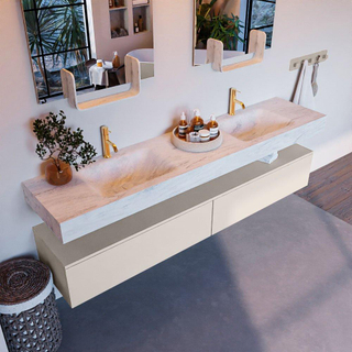 Mondiaz ALAN-DLUX Ensemble de meuble - 200cm - meuble Linen mat - 2 tiroirs - Lavabo Cloud Opalo suspendu - vasque Gauche et droite - 2 trous de robinet