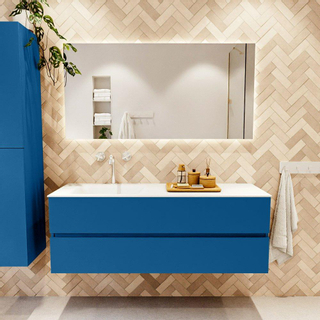 Mondiaz VICA ensemble de meuble de salle de bain - 140cm - meuble sous-vasque jeans - 2 tiroirs - lavabo cloud gauche - 1 trou de robinet - couleur talc - miroir LED - version XL 60cm de haut