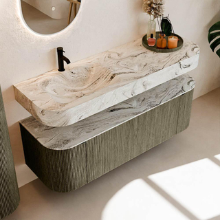 MONDIAZ THOR-DLUX 140cm meuble de salle de bains arrondi gauche + droite couleur Shadow avec 1 tiroir et 2 portes. Vasque suspendue CLOUD Gauche 1 trou de robinet couleur Glace.