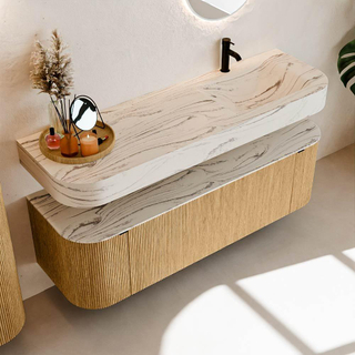 MONDIAZ THOR-DLUX 150cm badmeubel ronding links + rechts kleur Oak met 1 lade en 2 deuren. Vrijhangende wastafel CLOUD Rechts 1 kraangat kleur Nata.