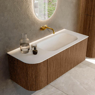 MONDIAZ KURVE 115cm Meuble salle de bain avec module 25 G - couleur Walnut - 1 tiroir - 1 porte - vasque BIG SMALL droite - sans trous de robinet - Talc