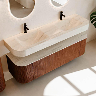 MONDIAZ THOR-DLUX 160cm meuble de salle de bains arrondi gauche + droite couleur Ruby avec 1 tiroir et 2 portes. Vasque suspendue CLOUD Double 2 trous de robinet couleur Meli.