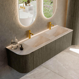 MONDIAZ KURVE-DLUX 155cm badmeubel ronding Links kleur Shadow met 2 lades en 1 deur. Wastafel LEAF Dubbel / Rechts 2 kraangaten Meli.