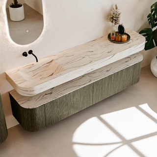 MONDIAZ THOR-DLUX 200cm meuble de salle de bains arrondi gauche + droite couleur Shadow avec 2 tiroirs et 2 portes. Vasque suspendue CLOUD Gauche sans trou de robinet couleur Nata.