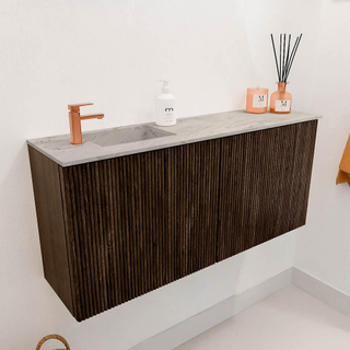 Mondiaz JOYA-DLUX 90cm meuble de salle de bains - couleur Walnut - Vasque FAYE position Gauche 1 trou de robinet couleur Glace.