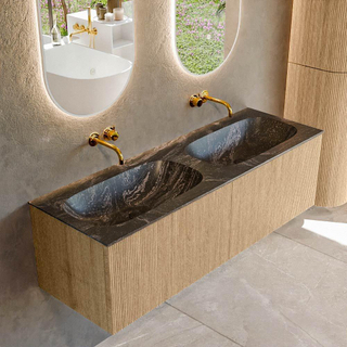 MONDIAZ KURVE-DLUX 140cm badmeubel kleur Oak met 2 lades. Wastafel STOR SMALL dubbel zonder kraangat kleur Lava.