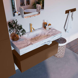 Mondiaz ALAN-DLUX Ensemble de meuble - 100cm - meuble Rust mat - 1 tiroir - Lavabo Cloud Glace suspendu - vasque Centre - 1 trou de robinet
