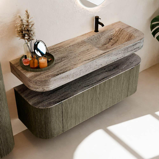 MONDIAZ THOR-DLUX 140cm meuble de salle de bains arrondi gauche + droite couleur Shadow avec 1 tiroir et 2 portes. Vasque suspendue CLOUD Droite 1 trou de robinet couleur Oza.