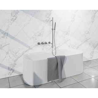 Fortifura Nebbio Ensemble combiné bain - mitigeur thermostatique - barre coulissante avec coude mural intégré - flexible de douche métallique - douchette à main sur barre - bec - inox brossé PVD (inox)