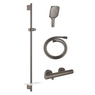 GROHE Grohtherm 1000 Smartactive Glijstangset - 90cm - met zeepschaal - thermostatische douchekraan - vierkante handdouche - gladde slang - 125cm - geborsteld hard graphite