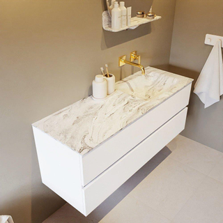 Mondiaz VICA-DLUX ensemble de meuble de salle de bain - 130cm - meuble sous lavabo talc - 2 tiroirs - lavabo encastré cloud droite - sans trous de robinet - version haute de 60cm - glace