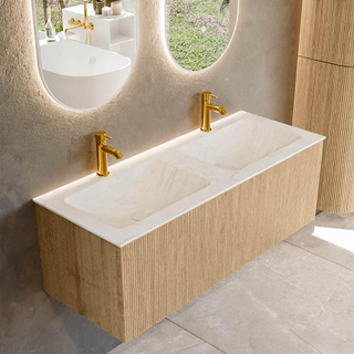 MONDIAZ KURVE-DLUX 120cm Meuble salle de bain - couleur Oak - 1 tiroir - vasque LEAF double - 2 trous de robinet - couleur Opalo