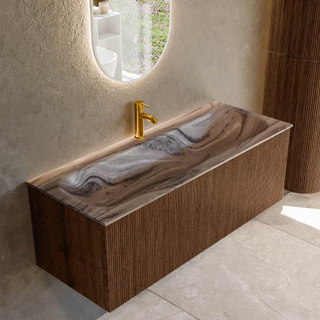 MONDIAZ KURVE-DLUX 120cm badmeubel kleur Walnut met 1 lade en 0 deuren. Wastafel BIG LARGE Midden 1 kraangat Sombra.