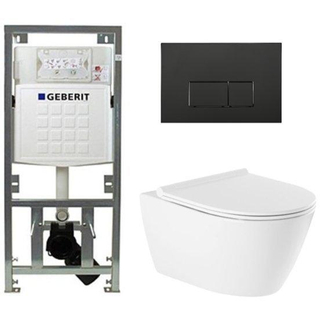 QeramiQ Salina Toiletset - rimless - Geberit inbouwreservoir - diepspoel wandcloset - softclose - quickrelease - bedieningspaneel met rechthoekige knoppen - mat zwart - wit