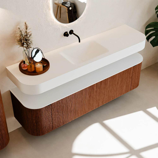 MONDIAZ THOR Meuble de salle de bains - 170cm - arrondi gauche + droite - couleur Ruby - 1 tiroir - 2 portes - Vasque suspendue CLOUD Milieu sans trou de robinet - couleur Talc