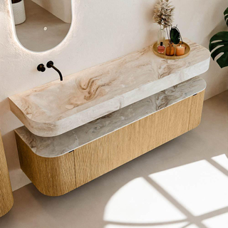 MONDIAZ THOR-DLUX Meuble de salle de bains - 170cm - arrondi gauche + droite - couleur Oak - 1 tiroir - 2 portes - Vasque suspendue CLOUD Gauche sans trou de robinet - couleur Frappe