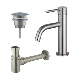 FugaFlow Eccelente Sobrado Slim Slim Kit mitigeur lavabo - robinet bas - bonde non-obturable - siphon design bas - PVD Inox brossé