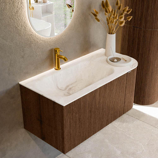 MONDIAZ KURVE-DLUX 95cm badmeubel met module 25 R kleur Walnut met 1 lade en 1 deur. Wastafel BIG SMALL links 1 kraangat kleur Frappe.