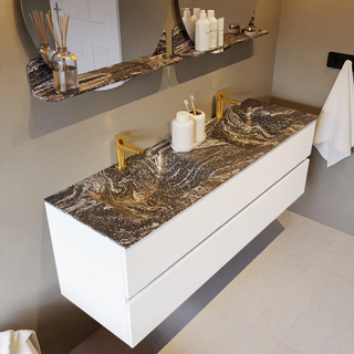 Mondiaz VICA-DLUX ensemble de meuble de salle de bain - 150cm - meuble sous lavabo talc - 2 tiroirs - lavabo encastré cloud double - 2 trous de robinet - version haute de 60cm - lave