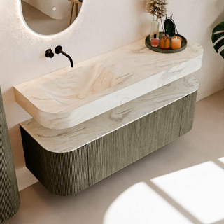 MONDIAZ THOR-DLUX 140cm meuble de salle de bains arrondi gauche + droite couleur Shadow avec 1 tiroir et 2 portes. Vasque suspendue CLOUD Gauche sans trou de robinet couleur Ostra.