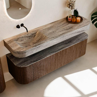 MONDIAZ THOR-DLUX Meuble de salle de bains - 160cm - arrondi gauche + droite - couleur Walnut - 1 tiroir et 2 portes - Vasque suspendue CLOUD Gauche sans trou de robinet - couleur Oza