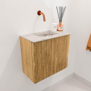 Mondiaz JOYA-DLUX 51.6cm toiletmeubel - ronding rechts kleur Oak - Wastafel FAYE positie Links Zonder kraangat kleur Nata.