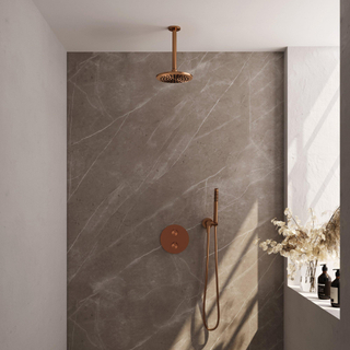 BRAUER Douche pluie thermostatique encastrée en cuivre - 3 voies - rond - ensemble 77 - douche principale de 20 cm - bras plafond - douchette à main - flexible de douche - coude mural - cuivre brossé PVD