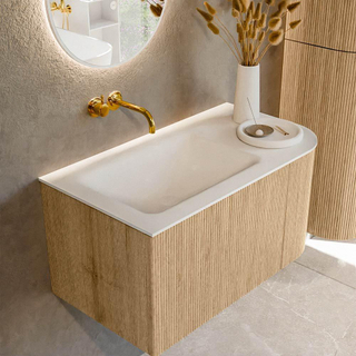 MONDIAZ KURVE 85cm Meuble salle de bain avec module 25 D - couleur Oak - 1 tiroir - 1 porte - vasque CLOUD gauche - sans trous de robinet - Talc