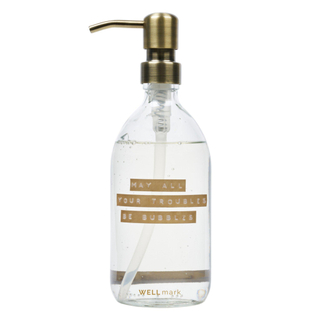 Wellmark Handzeep helder glas messing pomp 500ml tekst MAY ALL YOUR TROUBLES BE BUBBLES Brons label