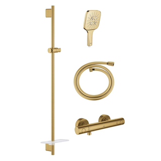GROHE Grohtherm 1000 Smartactive Glijstangset - 90cm - met zeepschaal - thermostatische douchekraan - vierkante handdouche - gladde slang - 125cm - geborsteld cool sunrise