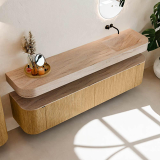 MONDIAZ THOR-DLUX 200cm badmeubel ronding links + rechts kleur Oak met 2 lades en 2 deuren. Vrijhangende wastafel CLOUD Rechts zonder kraangat kleur Saba.