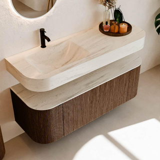 MONDIAZ THOR-DLUX 130cm meuble de salle de bains arrondi gauche + droite couleur Walnut avec 1 tiroir et 2 portes. Vasque suspendue CLOUD Gauche 1 trou de robinet couleur Meli.