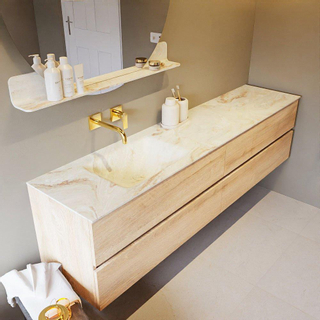 Mondiaz VICA-DLUX Ensemble de meuble de salle de bain - 200cm - meuble sous-vasque chêne blanchi - 4 tiroirs - lavabo encastré cloud gauche - sans trous de robinet - version haute de 60cm - frape