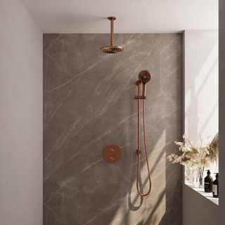 BRAUER Douche pluie thermostatique encastrée en cuivre - 3 voies - rond - ensemble 95 - douche principale de 20 cm - bras plafond - douchette à main 3 positions - flexible de douche - barre de douche intégrée - cuivre brossé PVD