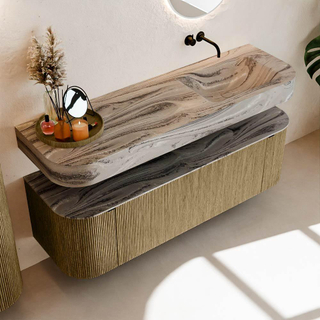 MONDIAZ THOR-DLUX 150cm meuble de salle de bains arrondi gauche + droite couleur Dusk avec 1 tiroir et 2 portes. Vasque suspendue CLOUD droite sans trou de robinet couleur Sombra.