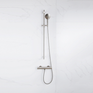 FortiFura Calvi Ensemble de douche barre curseur avec douchette ronde, flexible en métal et robinet de douche Inox brossé PVD
