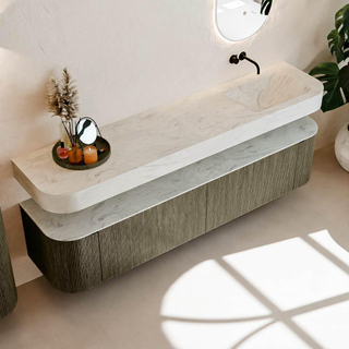 MONDIAZ THOR-DLUX 200cm badmeubel ronding links + rechts kleur Shadow met 2 lades en 2 deuren. Vrijhangende wastafel CLOUD Rechts zonder kraangat kleur Opalo.