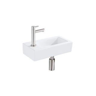 Fortifura Fuente fonteinset - 36x18.5x9cm - 1 kraangat - solid surface - fonteinkraan RVS geborsteld - mat wit