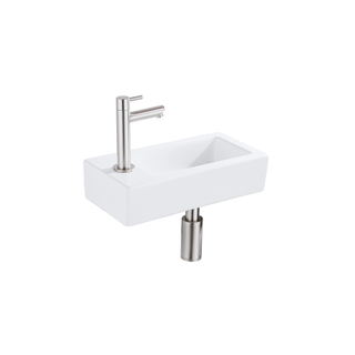 QeramiQ Fuente Fonteinset - 37.5x18.5x9cm - keramiek - kraangat links - fonteinkraan geborsteld RVS - afvoerplug - verlaagd sifon - Mat wit