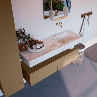 Mondiaz ALAN-DLUX Ensemble de meuble - 130cm - meuble Oro mat - 2 tiroirs - Lavabo Cloud Frappe suspendu - vasque Droite - 0 trous de robinet
