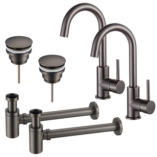 FortiFura Calvi Kit robinet lavabo - pour double vasque - robinet haut - bec rotatif - bonde clic clac - siphon design bas - PVD