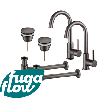 FugaFlow Eccelente Sobrado Badkamer Wastafelkraanset - voor dubbele wastafel - hoge wastafelkraan - draaibare uitloop - klikwaste plug - verlaagde design sifon - PVD Gepolijst Gunmetal -