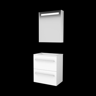Basic-Line Premium 39 ensemble de meubles de salle de bain 60x39cm avec poignées 2 tiroirs lavabo acrylique 0 trous de robinetterie armoire de toilette éclairage led intégré mdf laqué blanc glacier