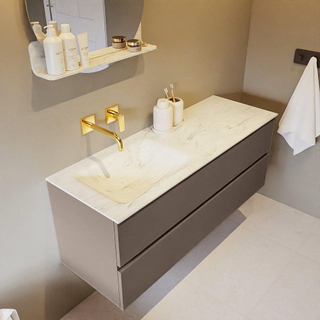 Mondiaz VICA-DLUX ensemble de meuble de salle de bain - 130cm - meuble sous-vasque fumée - 2 tiroirs - lavabo encastré nuage gauche - sans trous de robinet - version haute de 60cm - opalo