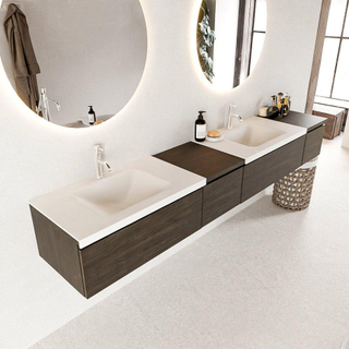 MONDIAZ BUKLA 240cm ensemble de meuble avec module 40 gauche couleur Marron Foncé avec 4 tiroirs. Lavabo CLOUD double 2 trous de robinet couleur Talc.