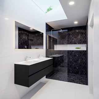 MONDIAZ VICA Badkamermeubelset - 150cm- onderkast jeans - 4 lades - wastafel cloud rechts - 1 kraangat - XL versie 60cm hoog