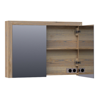 Saniclass Massief eiken Spiegelkast - 100x70x15cm - 2 links/rechtsdraaiende spiegeldeuren - Hout Vintage oak