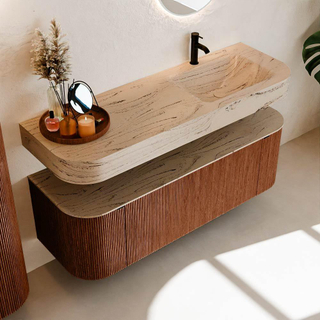 MONDIAZ THOR-DLUX 140cm meuble de salle de bains arrondi gauche + droite couleur Ruby avec 1 tiroir et 2 portes. Vasque suspendue CLOUD Droite 1 trou de robinet couleur Arena.