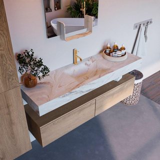Mondiaz ALAN-DLUX Ensemble de meuble - 150cm - meuble Washed Oak mat - 2 tiroirs - Lavabo Cloud Frappe suspendu - vasque Centre - 1 trou de robinet