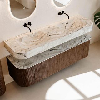 MONDIAZ THOR-DLUX 160cm meuble de salle de bains arrondi gauche + droite couleur Walnut avec 1 tiroir et 2 portes. Vasque suspendue CLOUD Double sans trou de robinet couleur Glace.